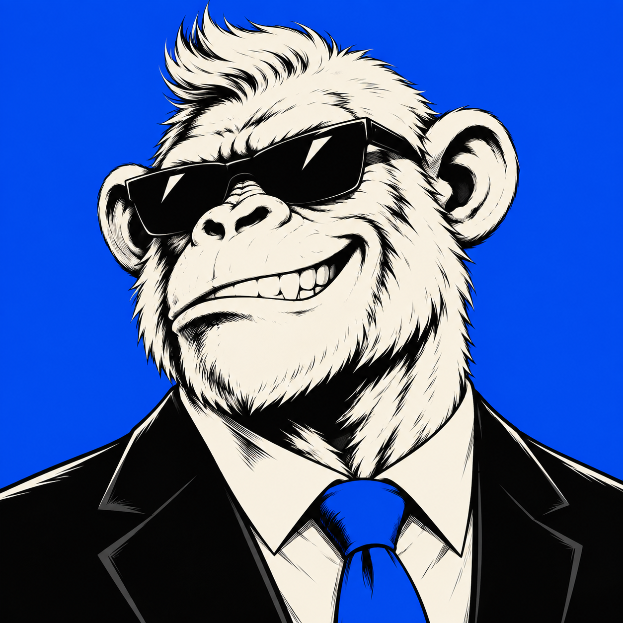 A grinning Stonk Ape in sunglasses and a suit, ready to take over the trading floor